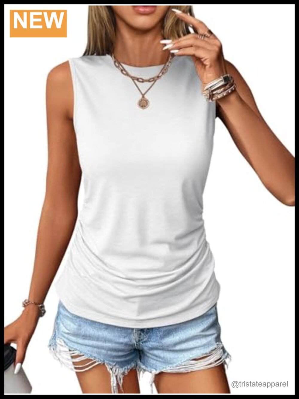 Ruched Sleeveless Tank Top Crewneck Fitted Chic Casual Womens Top